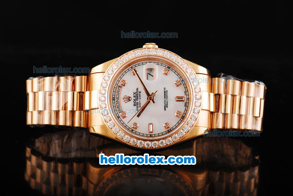 Rolex Day Date II Automatic Movement Full Rose Gold with Diamond Bezel-Diamond Markers and White MOP Dial - Click Image to Close